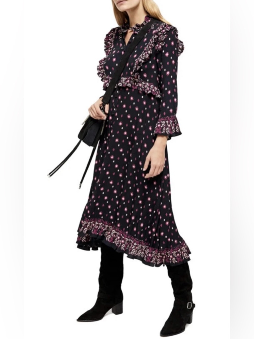 Free People Calico Skies Midi Dress with floral ruffles
